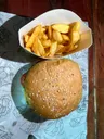 beef burger and fries