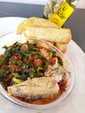 Fried yam with green vegetable and sardine sauce