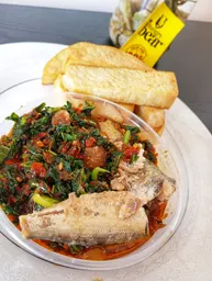 Fried yam with green vegetable and sardine sauce
