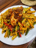 Penne pasta with beef