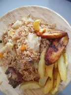 Jellof with plantain and chips