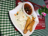 White Rice, Plaintain, Stew & 2 beef