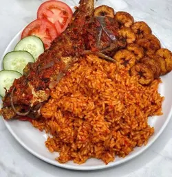 Jellof Rice with fish and plantain