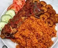 Jellof rice ,plantain ,Coslow with Fish